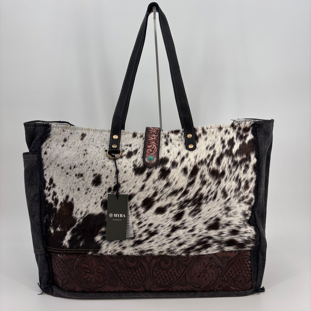 Myra Comely Hand-Tooled Bag Women Large Charcoal Cowhide Canvas Tote S-5281 New